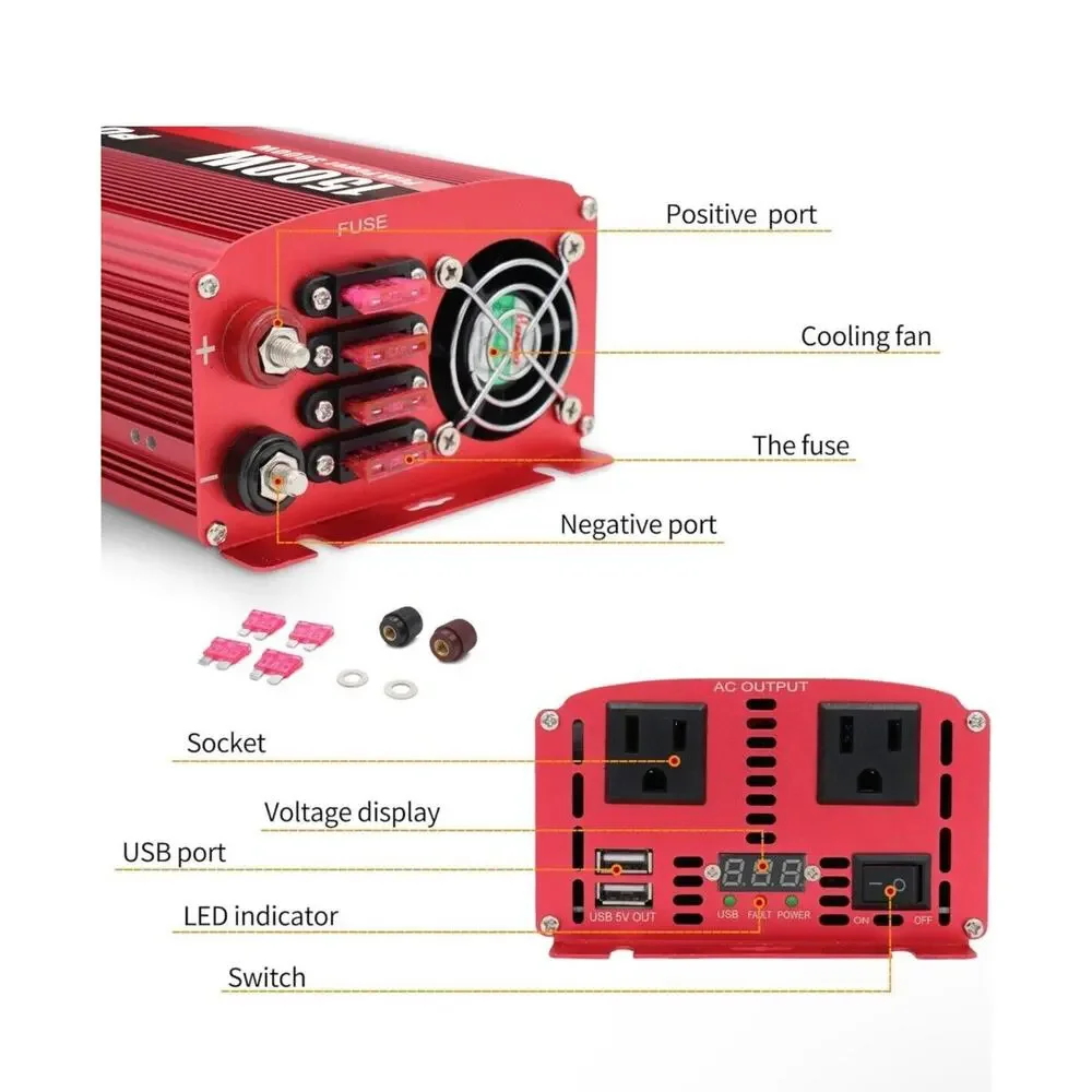 1500W/3000W DC 12V to 110V Power Inverter with Dual Outlets